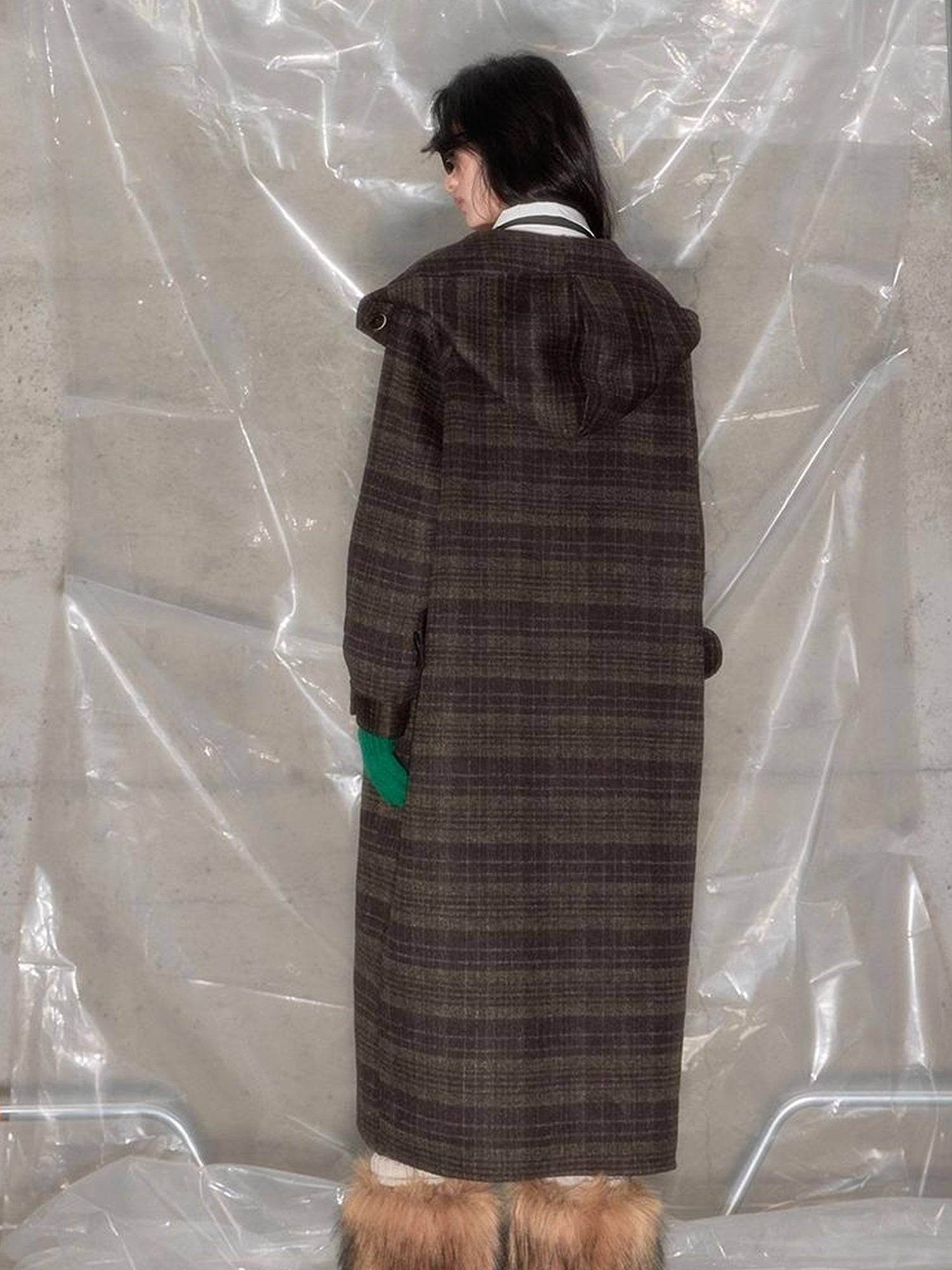 DIDDI MODA Elegant Checkered Hooded Wool Coat