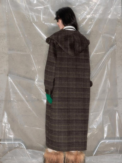 DIDDI MODA Elegant Checkered Hooded Wool Coat