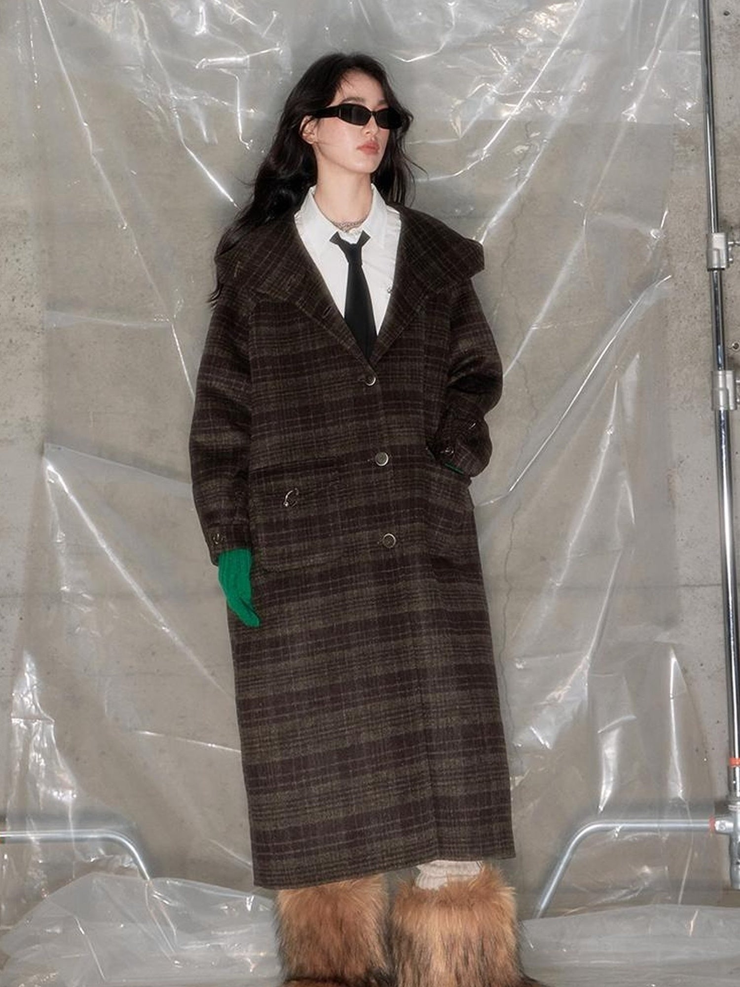 DIDDI MODA Elegant Checkered Hooded Wool Coat