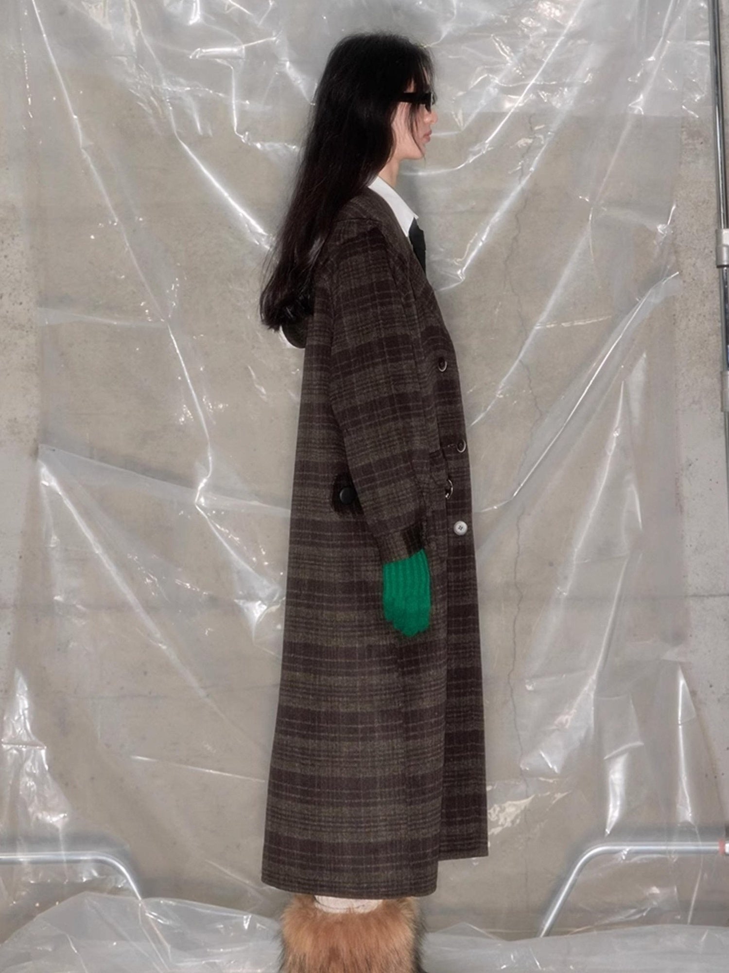 DIDDI MODA Elegant Checkered Hooded Wool Coat