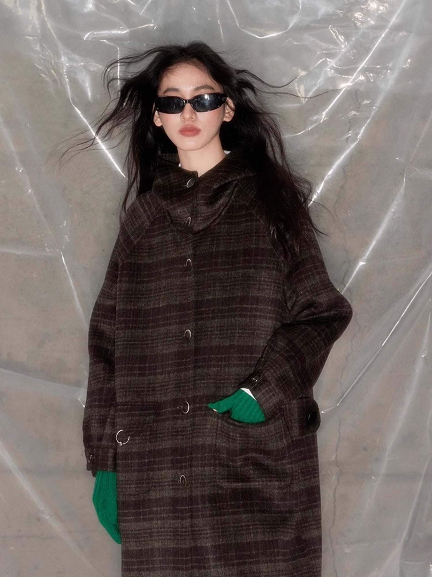 DIDDI MODA Elegant Checkered Hooded Wool Coat