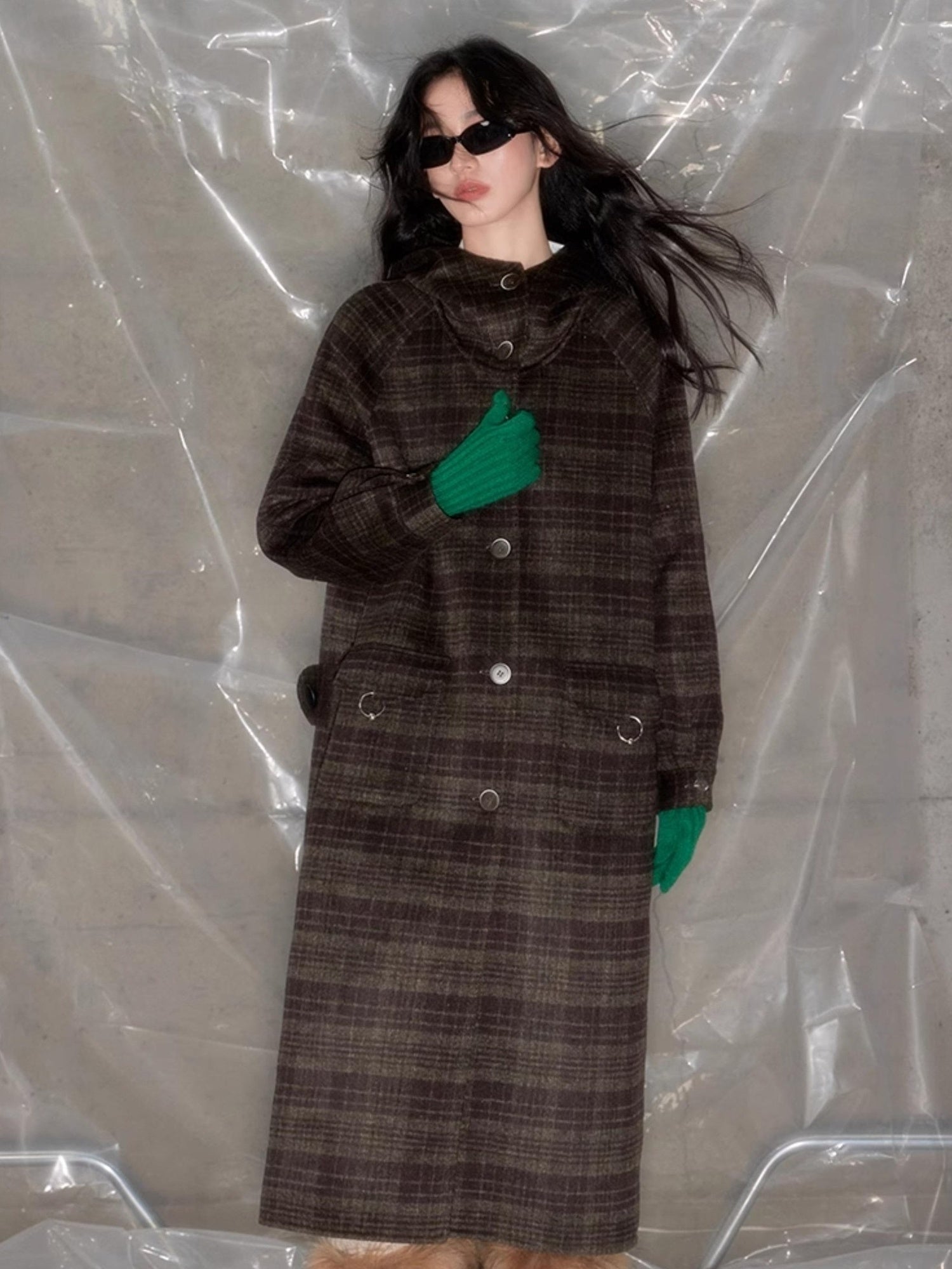 DIDDI MODA Elegant Checkered Hooded Wool Coat