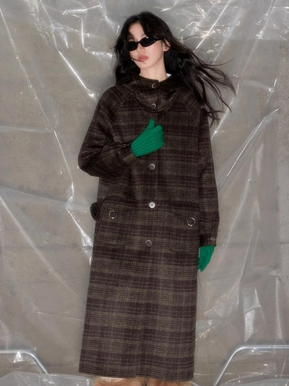 DIDDI MODA Elegant Checkered Hooded Wool Coat