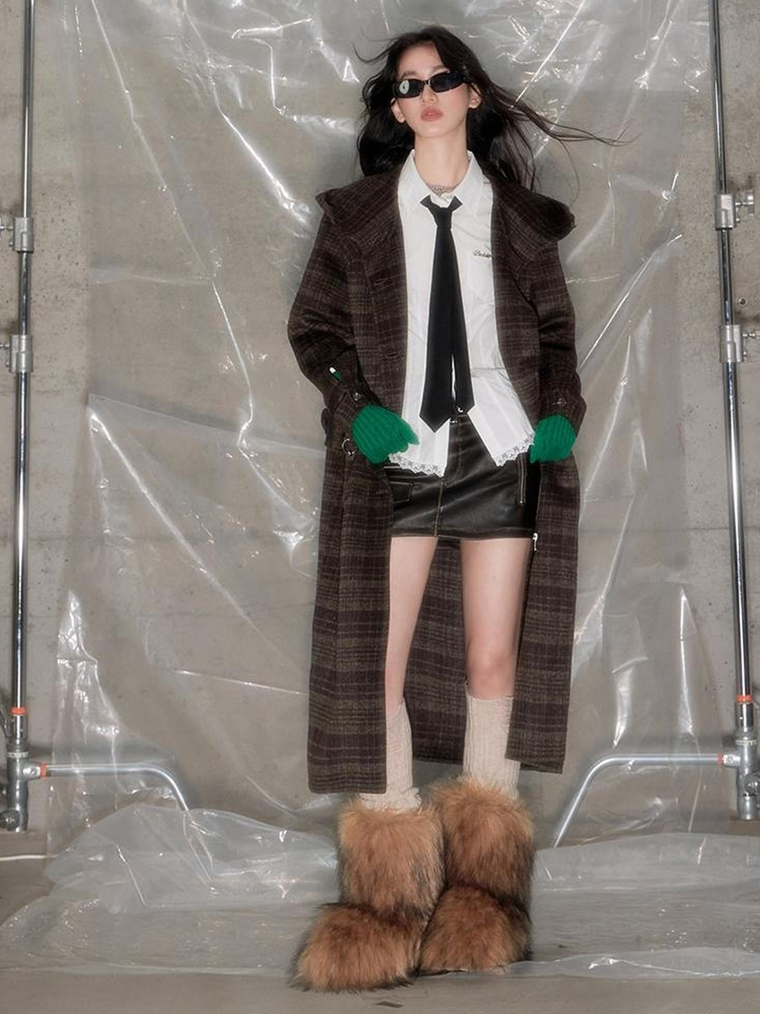 DIDDI MODA Elegant Checkered Hooded Wool Coat