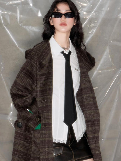 DIDDI MODA Elegant Checkered Hooded Wool Coat