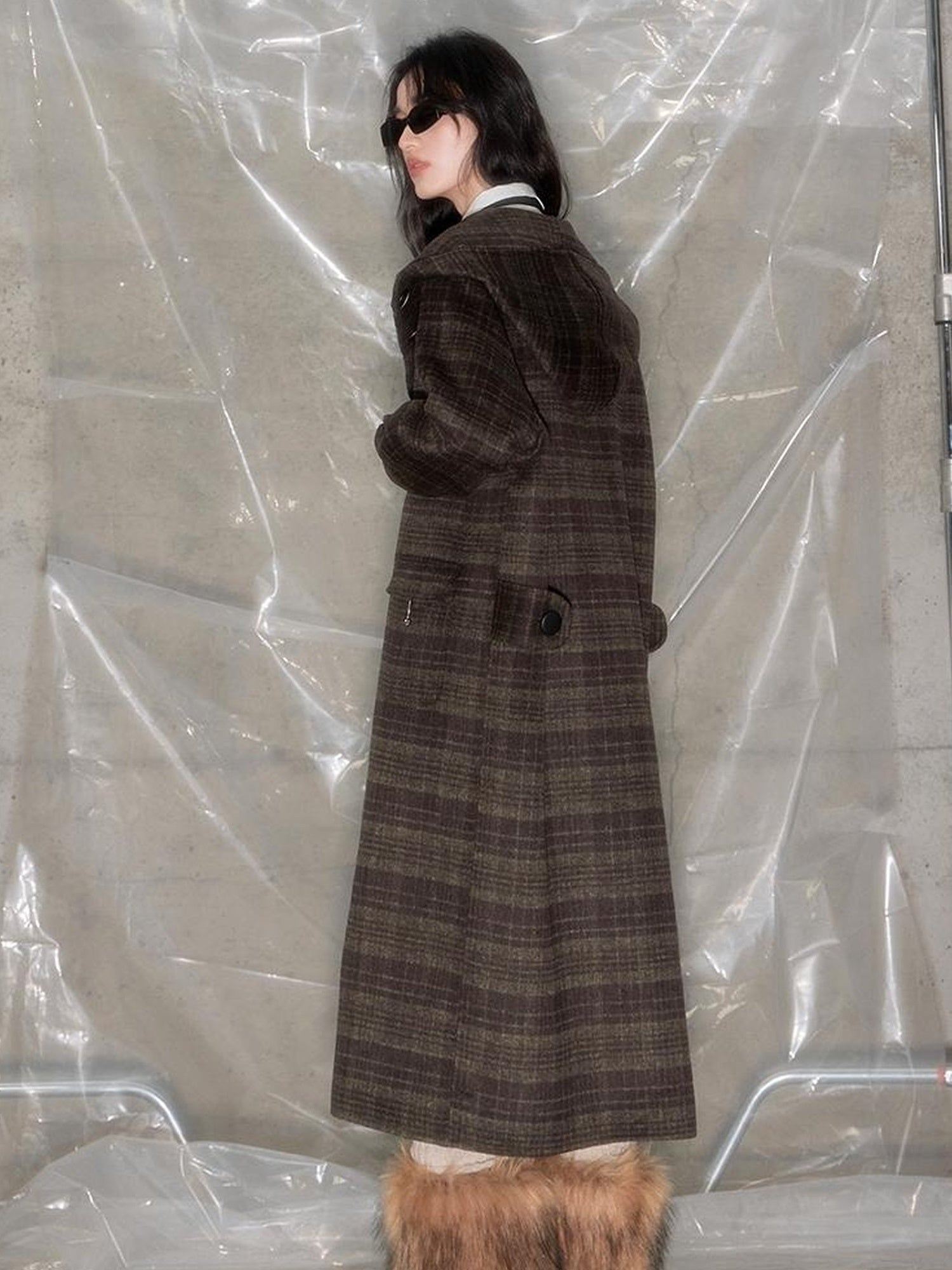 DIDDI MODA Elegant Checkered Hooded Wool Coat