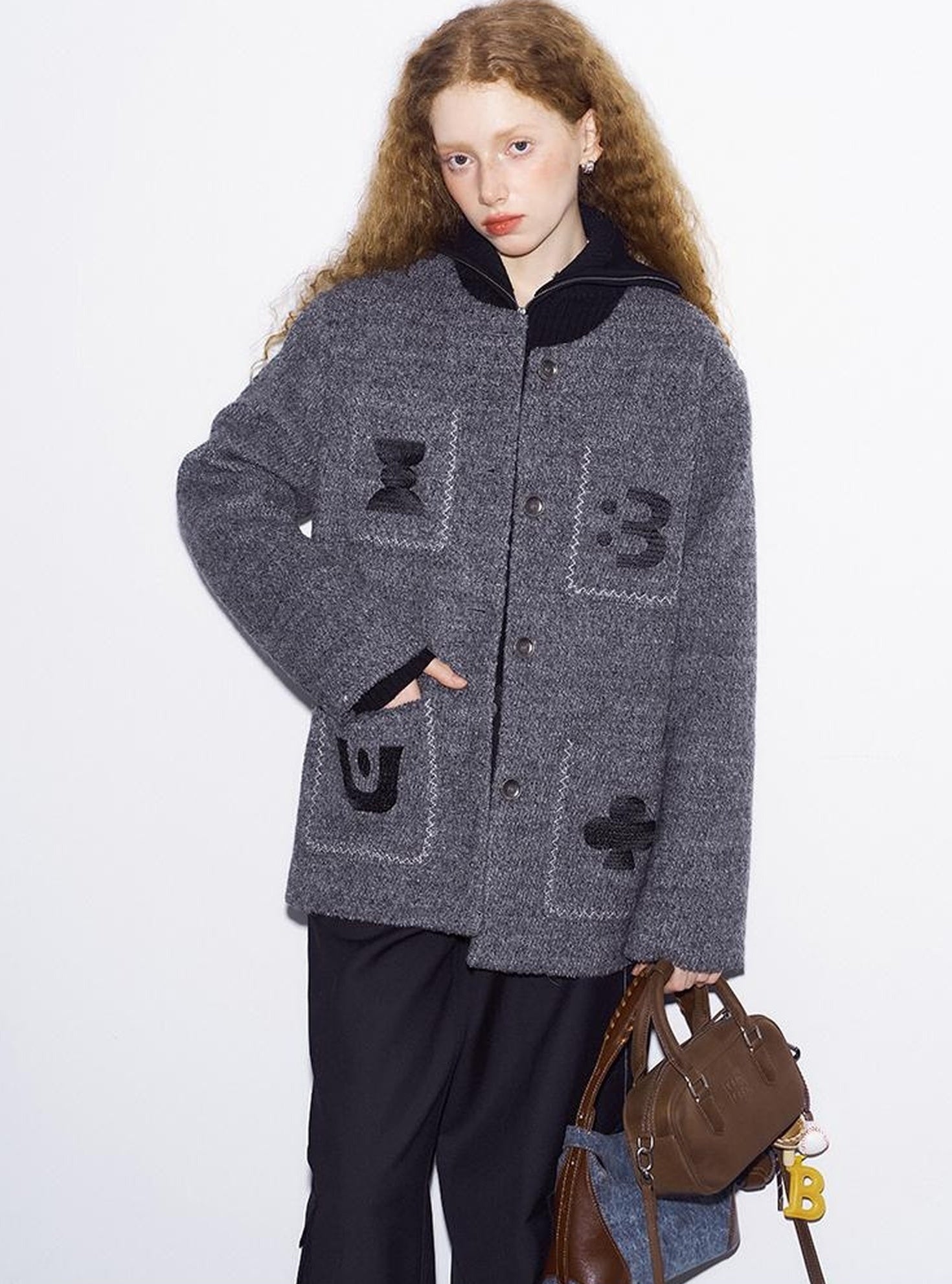 DIDDI MODA Elegant Cropped Bouclé Jacket With Embroidered Pockets &amp; Digital Motifs