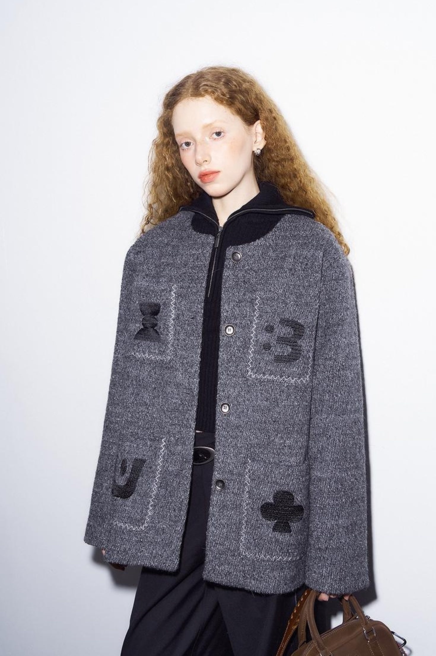 DIDDI MODA Elegant Cropped Bouclé Jacket With Embroidered Pockets &amp; Digital Motifs