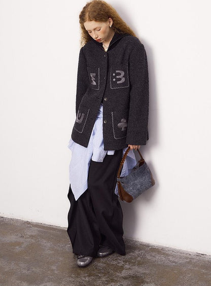 DIDDI MODA Elegant Cropped Bouclé Jacket With Embroidered Pockets &amp; Digital Motifs