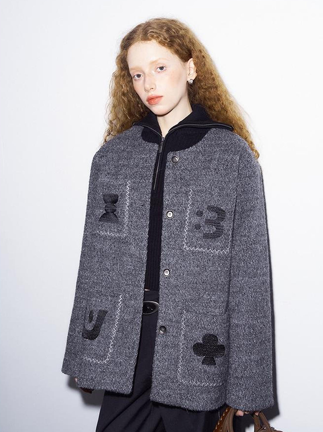 DIDDI MODA Elegant Cropped Bouclé Jacket With Embroidered Pockets &amp; Digital Motifs