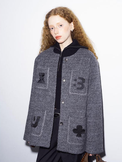 DIDDI MODA Elegant Cropped Bouclé Jacket With Embroidered Pockets &amp; Digital Motifs