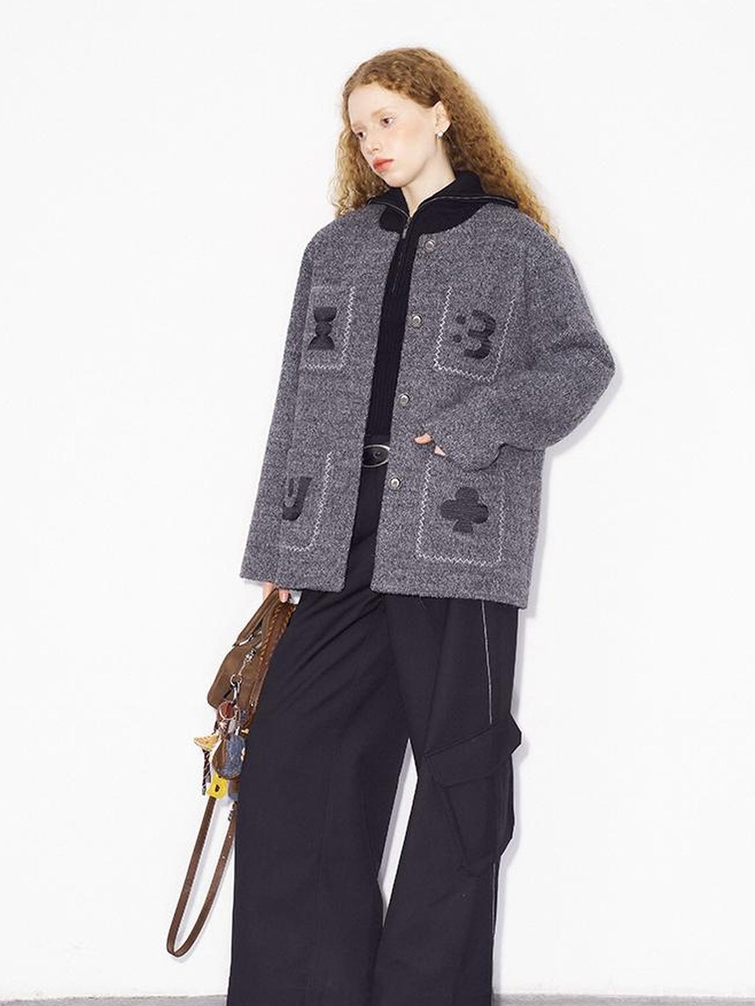 DIDDI MODA Elegant Cropped Bouclé Jacket With Embroidered Pockets &amp; Digital Motifs