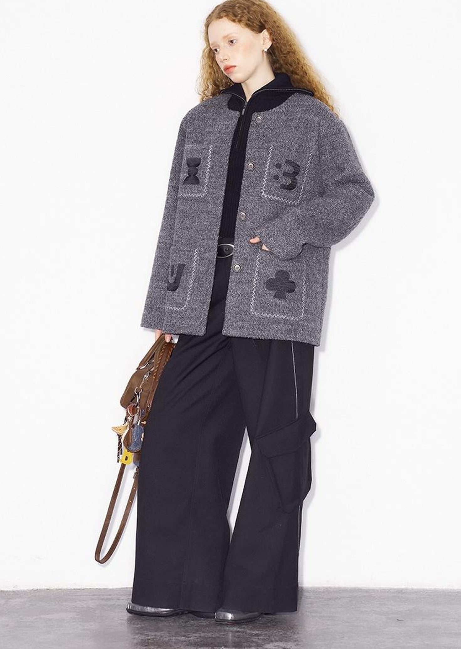 DIDDI MODA Elegant Cropped Bouclé Jacket With Embroidered Pockets &amp; Digital Motifs