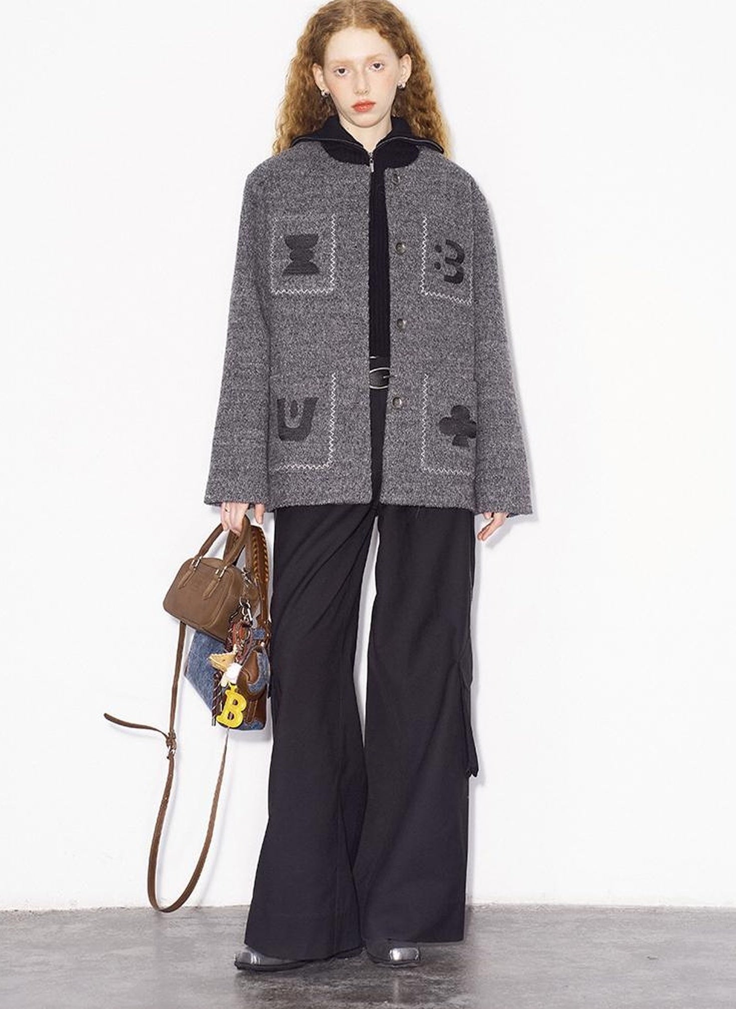DIDDI MODA Elegant Cropped Bouclé Jacket With Embroidered Pockets &amp; Digital Motifs