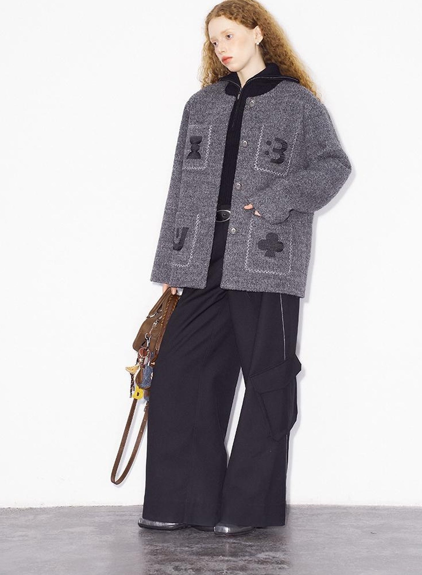 DIDDI MODA Elegant Cropped Bouclé Jacket With Embroidered Pockets &amp; Digital Motifs