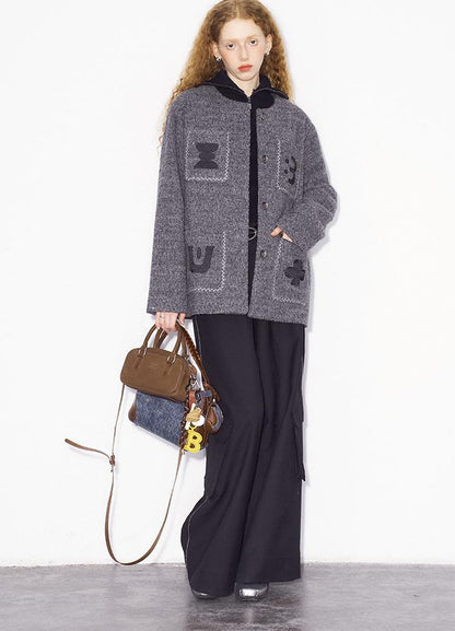 DIDDI MODA Elegant Cropped Bouclé Jacket With Embroidered Pockets &amp; Digital Motifs