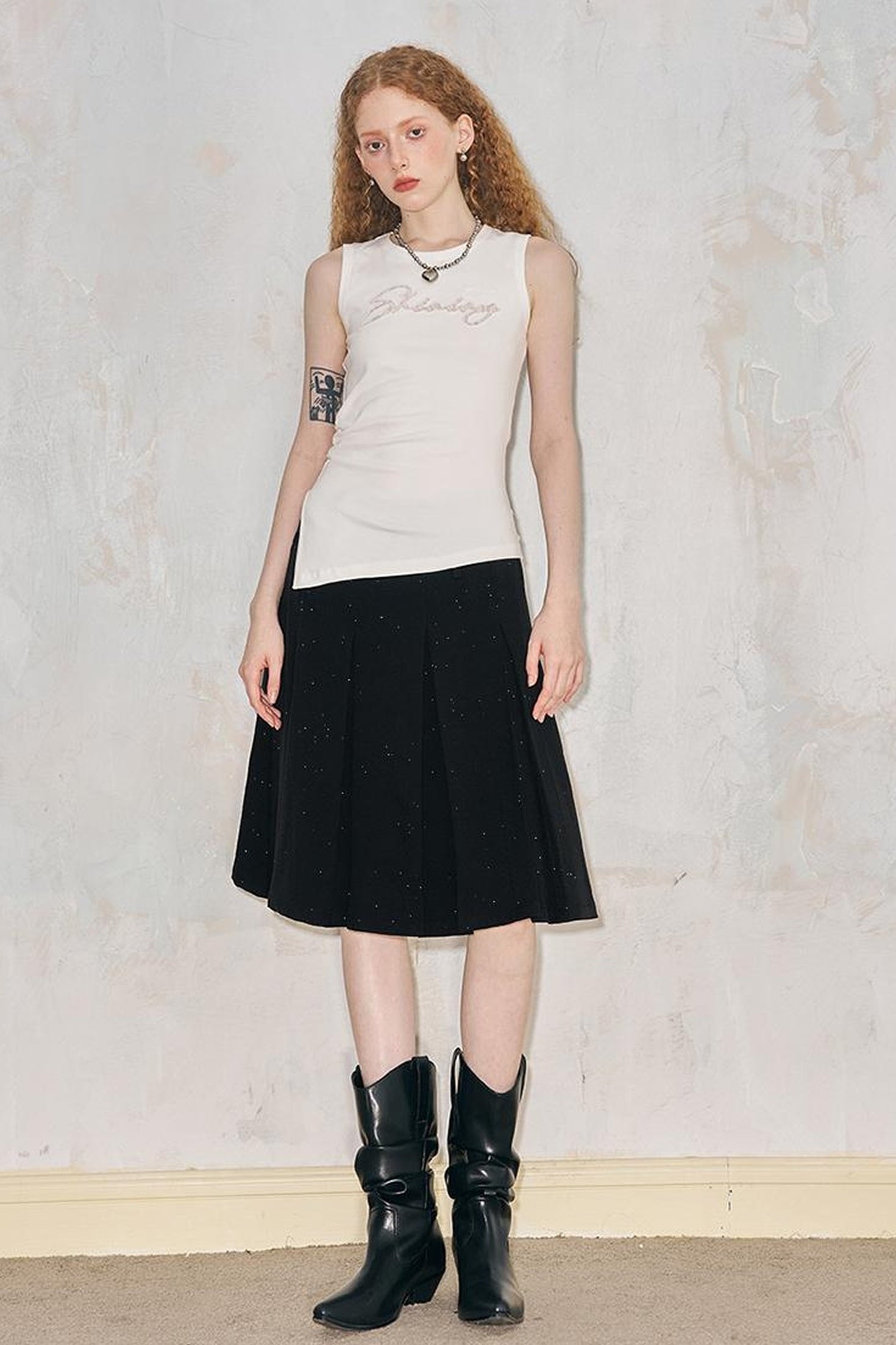 DIDDI MODA Elegant Dot Printed Pleated Midi Skirt With High Waist
