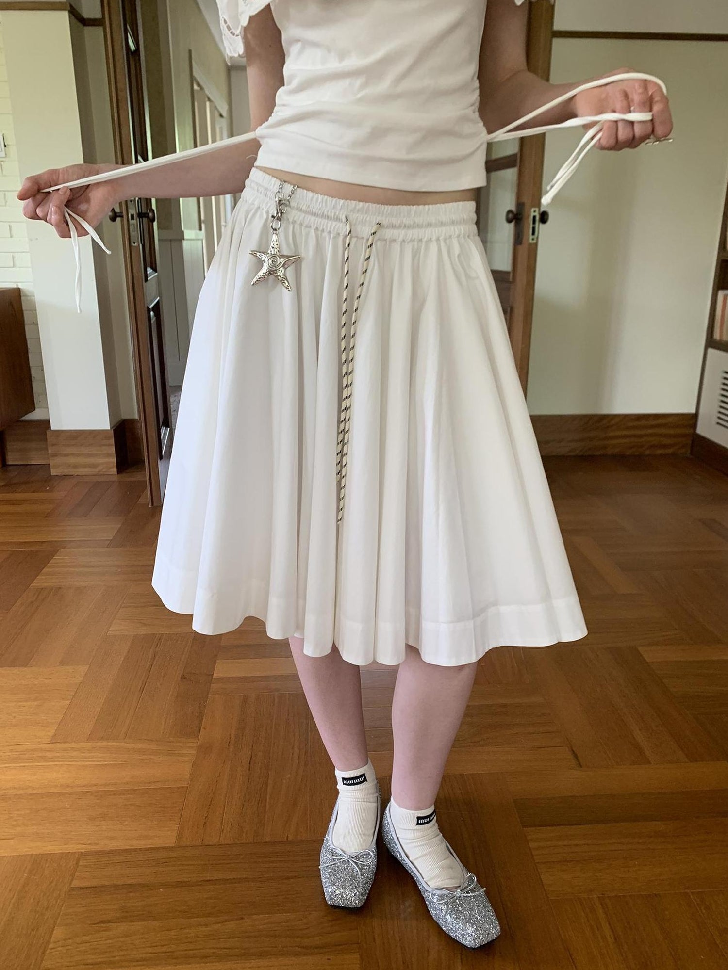 DIDDI MODA Elegant Drawstring A Line Sun Skirt In Cotton Blend