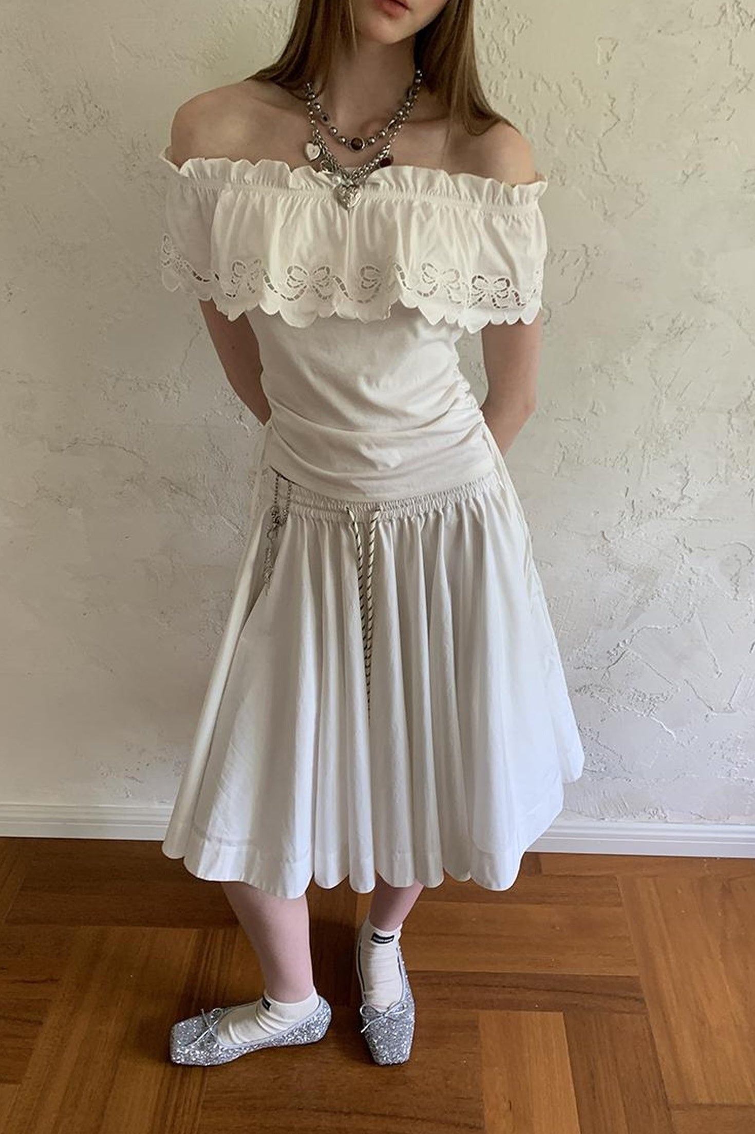 DIDDI MODA Elegant Drawstring A Line Sun Skirt In Cotton Blend