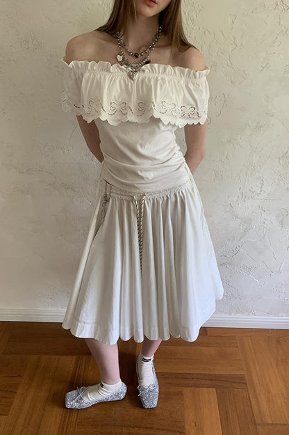DIDDI MODA Elegant Drawstring A Line Sun Skirt In Cotton Blend