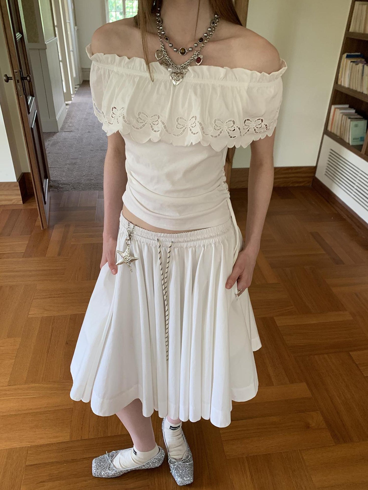 DIDDI MODA Elegant Drawstring A Line Sun Skirt In Cotton Blend