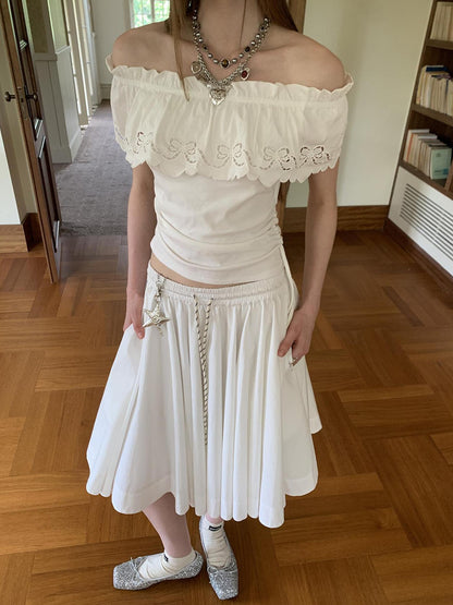 DIDDI MODA Elegant Drawstring A Line Sun Skirt In Cotton Blend