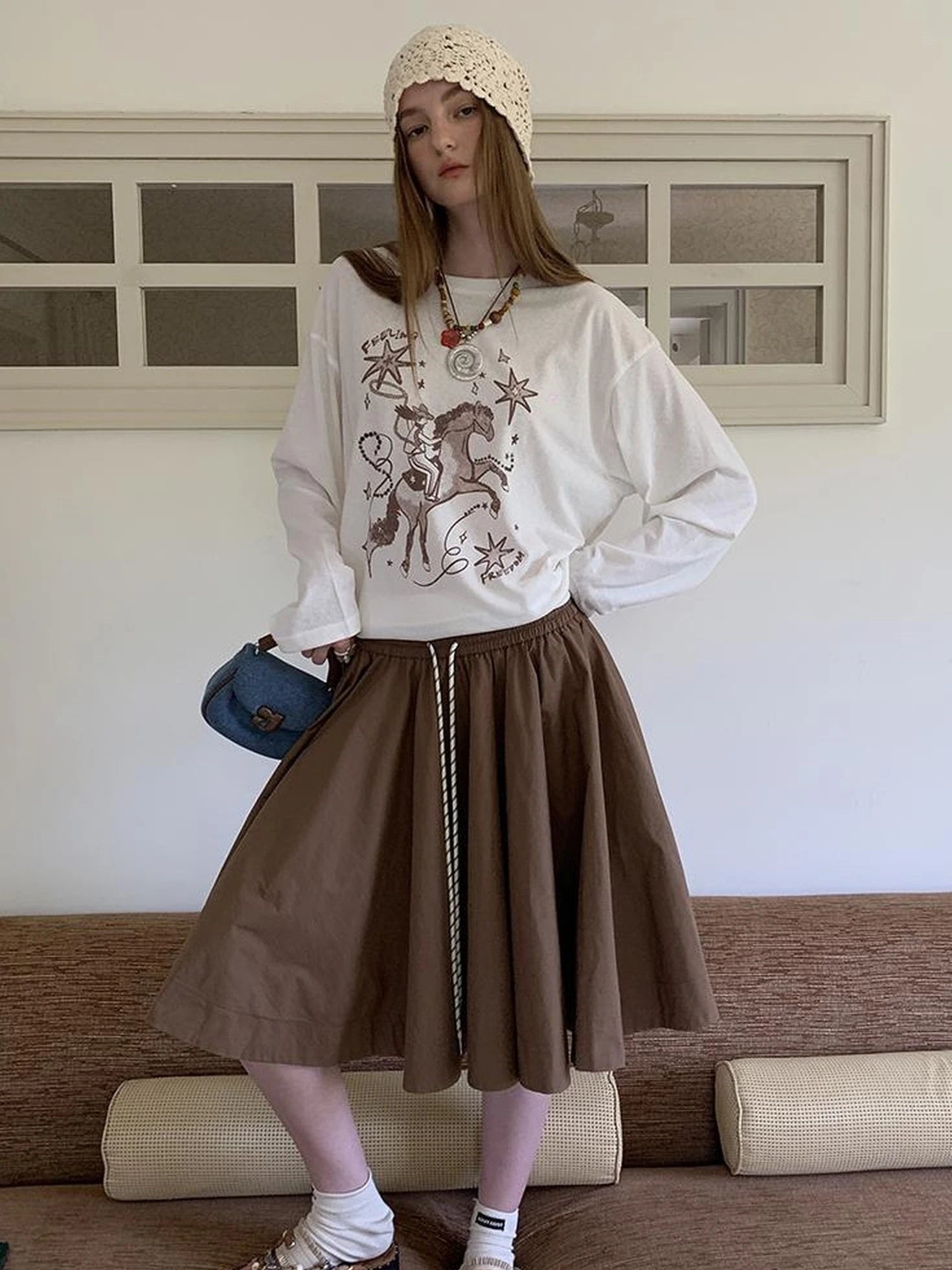 Elegant Drawstring A Line Sun Skirt In Cotton Blend