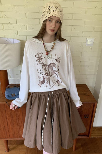 DIDDI MODA Elegant Drawstring A Line Sun Skirt In Cotton Blend