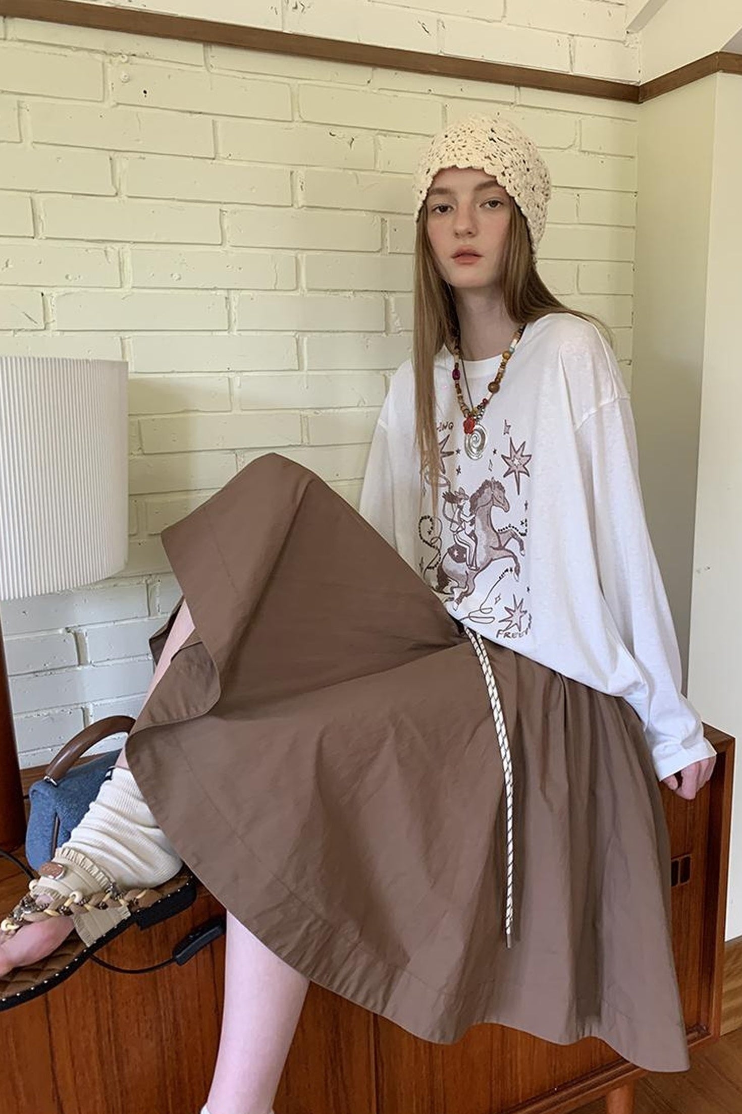 DIDDI MODA Elegant Drawstring A Line Sun Skirt In Cotton Blend