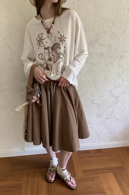 DIDDI MODA Elegant Drawstring A Line Sun Skirt In Cotton Blend