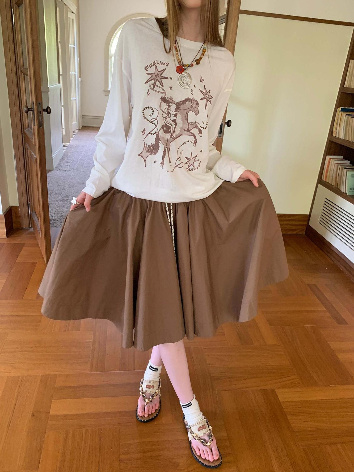 DIDDI MODA Elegant Drawstring A Line Sun Skirt In Cotton Blend