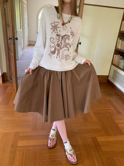 DIDDI MODA Elegant Drawstring A Line Sun Skirt In Cotton Blend