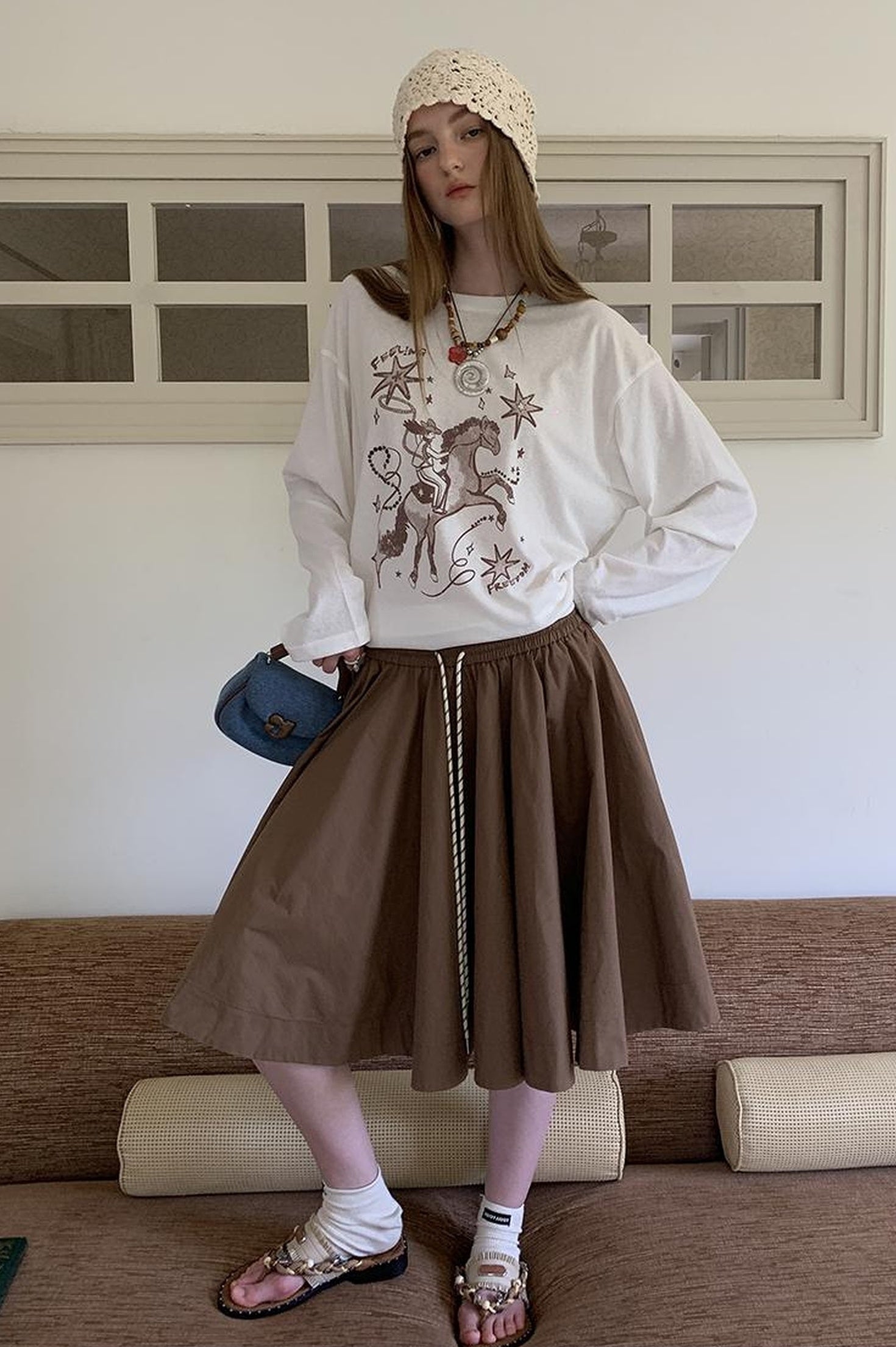 DIDDI MODA Elegant Drawstring A Line Sun Skirt In Cotton Blend