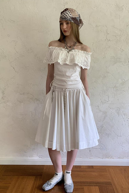 DIDDI MODA Elegant Drawstring A Line Sun Skirt In Cotton Blend