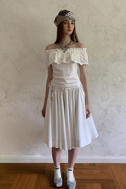 DIDDI MODA Elegant Drawstring A Line Sun Skirt In Cotton Blend
