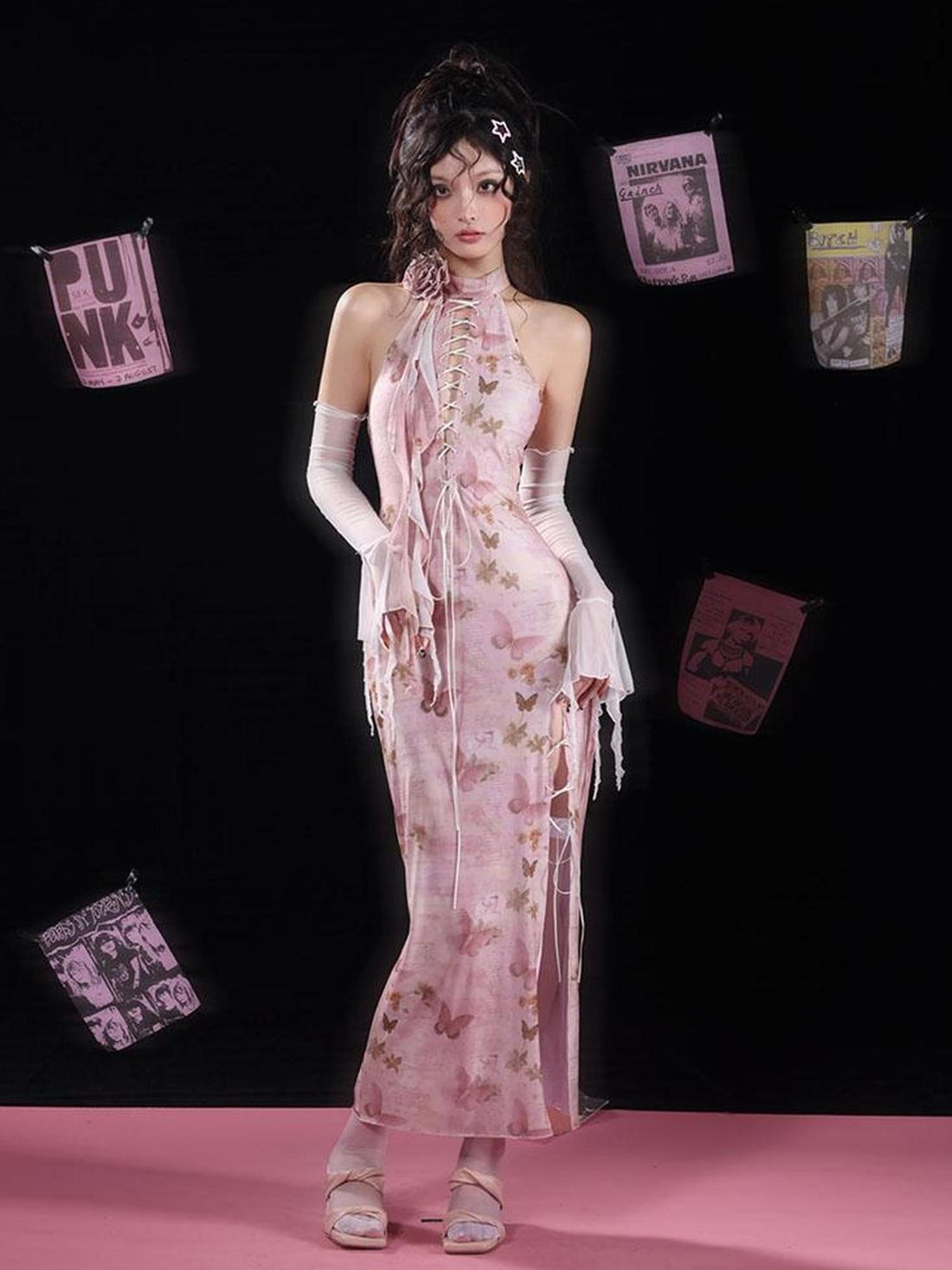 WSW WUSHENWU Elegant Floral Detachable Neckline Dress