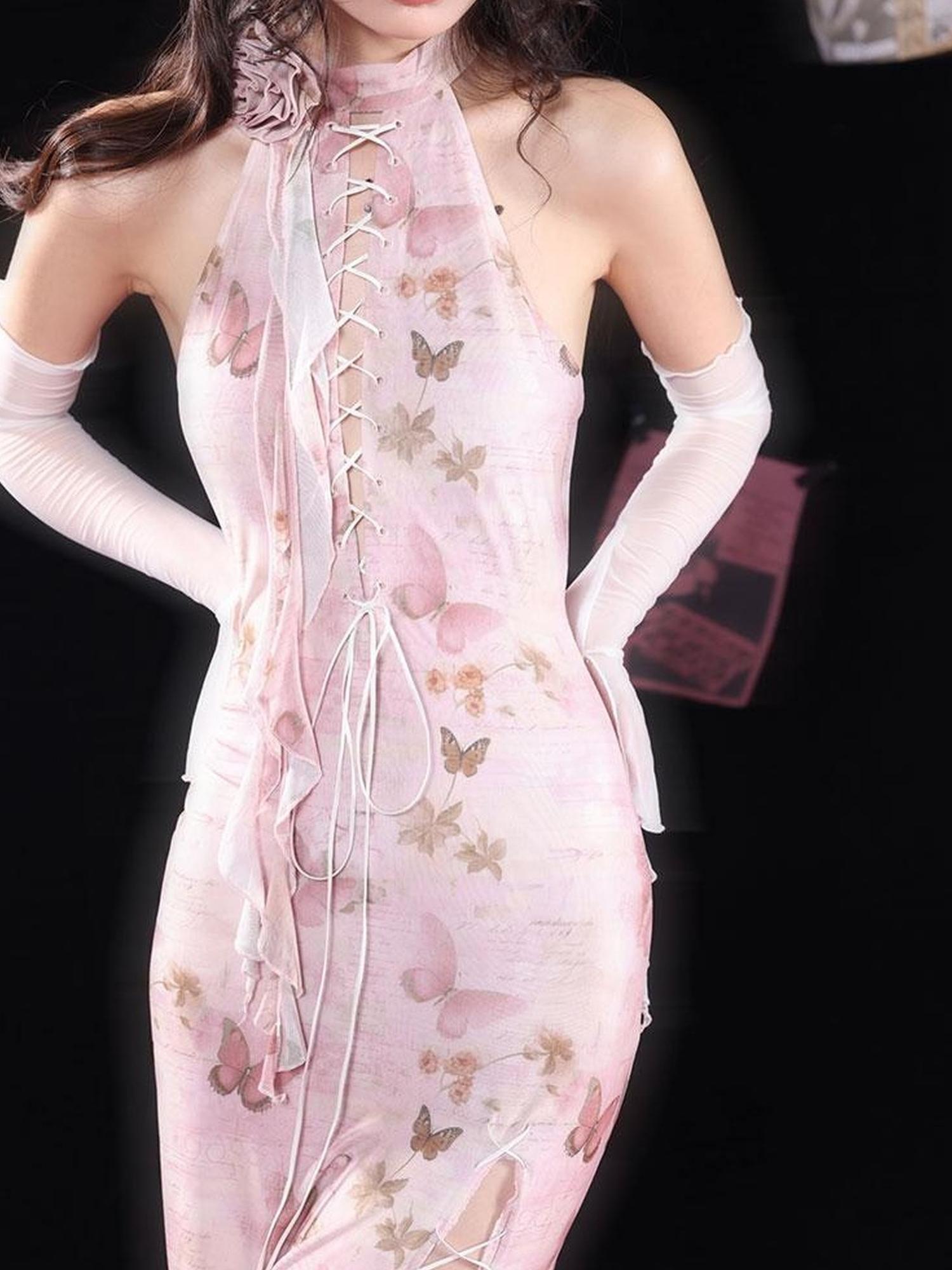 WSW WUSHENWU Elegant Floral Detachable Neckline Dress