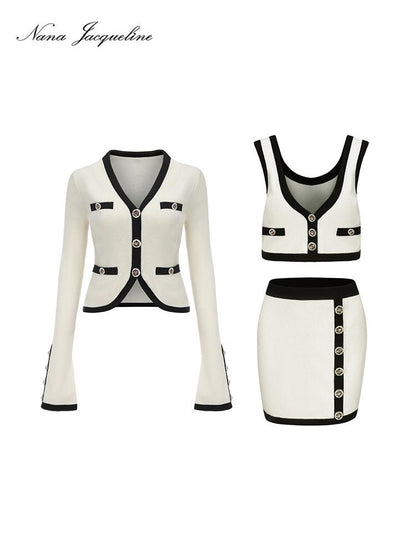 Elegant Knit Set with Cardigan Vest  Skirt for Women