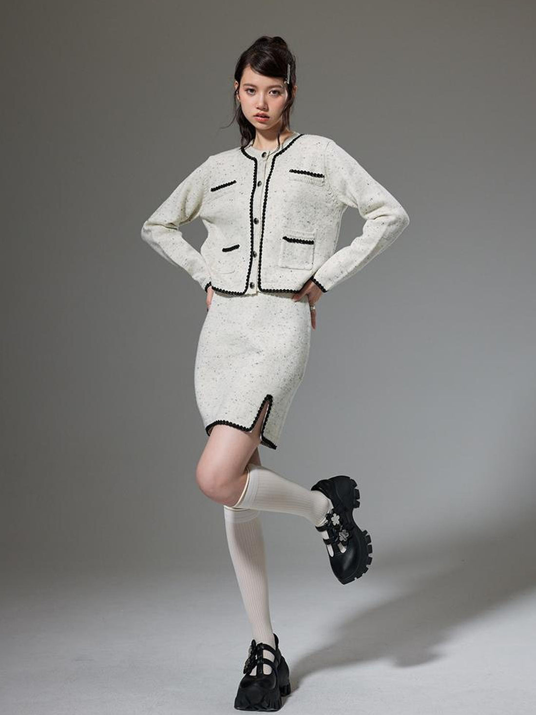 DIDDI MODA Elegant Knit Tweed Set With Lace Trim