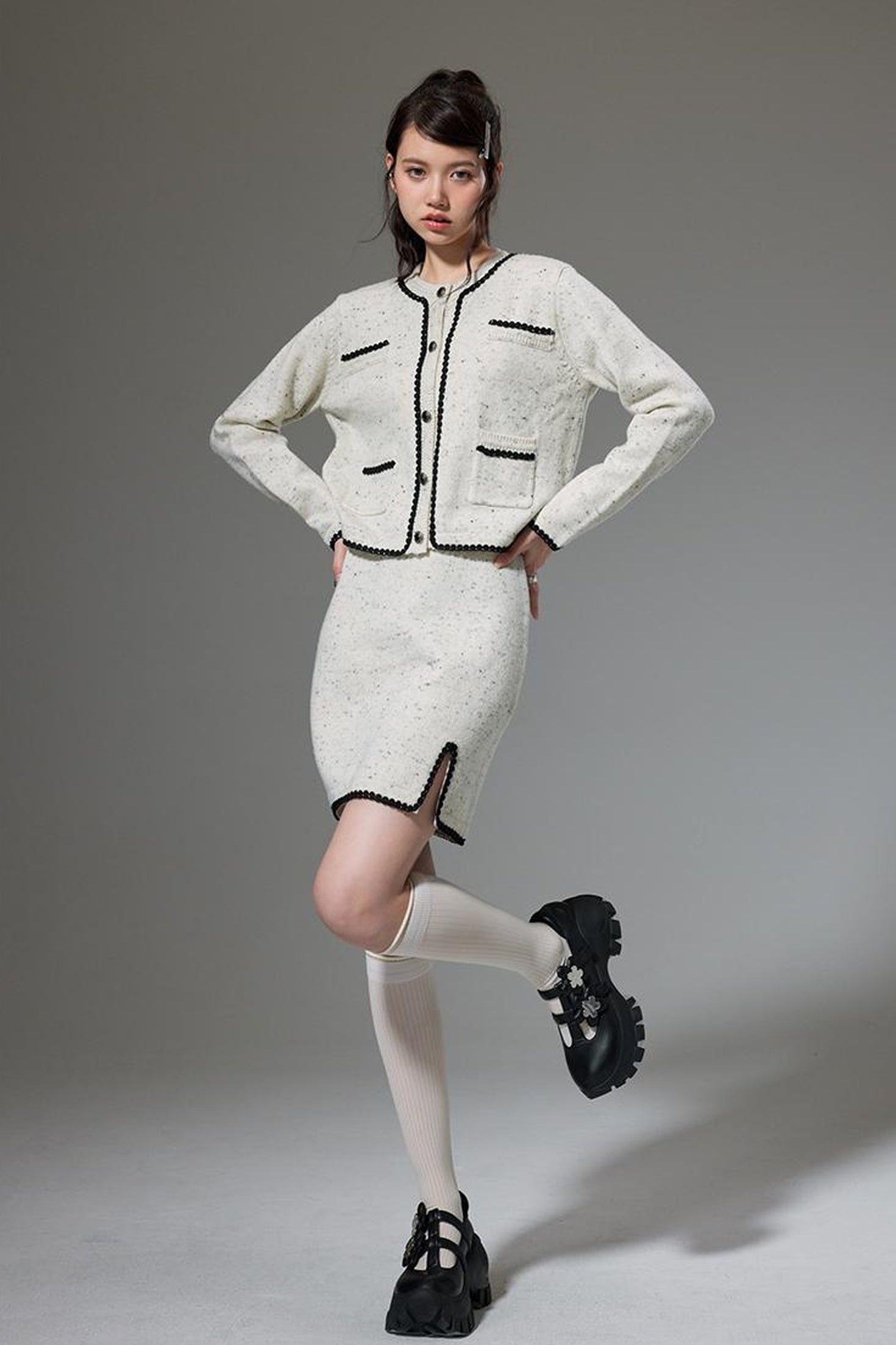 DIDDI MODA Elegant Knit Tweed Set With Lace Trim