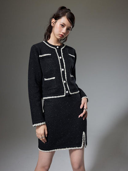 DIDDI MODA Elegant Knit Tweed Set With Lace Trim