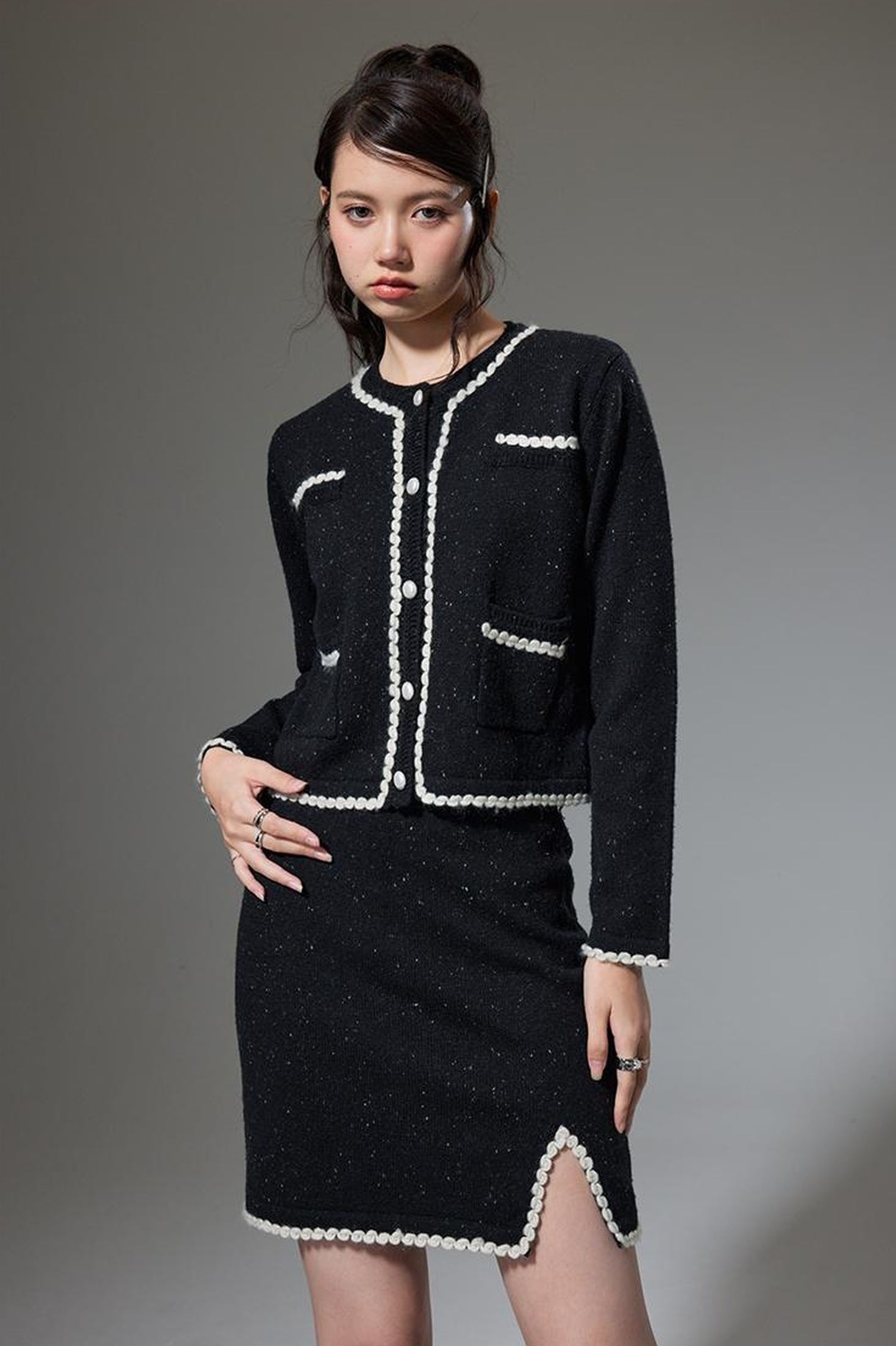 DIDDI MODA Elegant Knit Tweed Set With Lace Trim