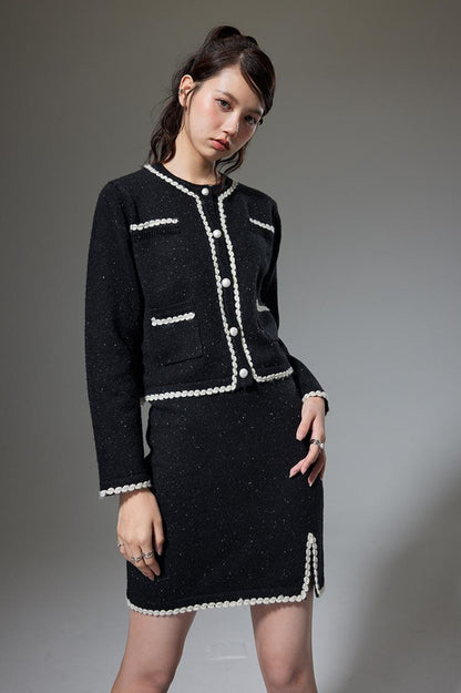 DIDDI MODA Elegant Knit Tweed Set With Lace Trim