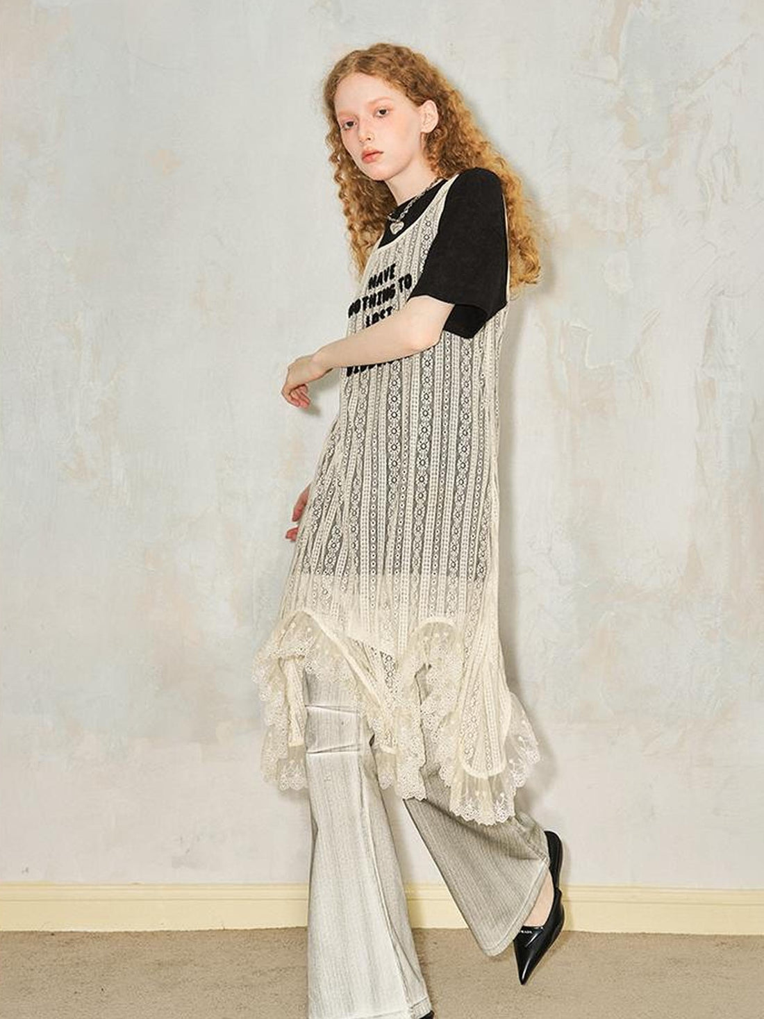 DIDDI MODA Elegant Lace Asymmetrical Hem Relaxed Beach Dress