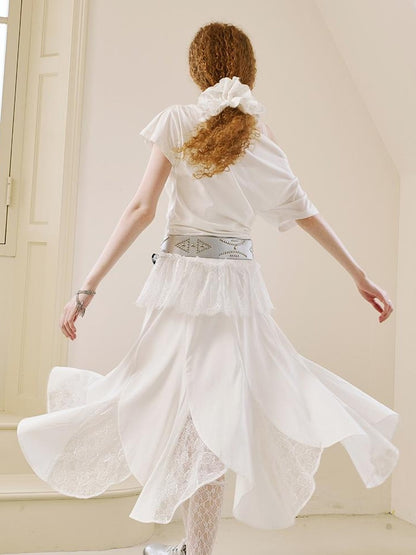 DIDDI MODA Elegant Lace Paneled Fishtail Skirt With Floral Hem