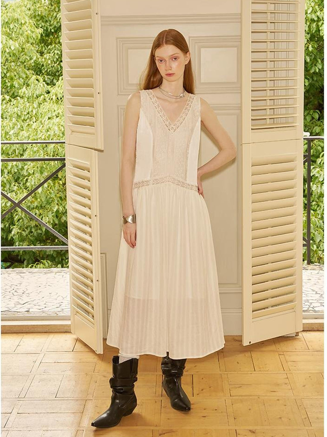 DIDDI MODA Elegant Lace Stripe V Neck Sleeveless Maxi Dress