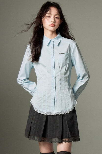DIDDI MODA Elegant Lace Trimmed Polo Shirt With Waist Defining Fit