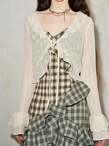 Elegant Lace V Neck Summer Sheer Cover Up With Ruffles