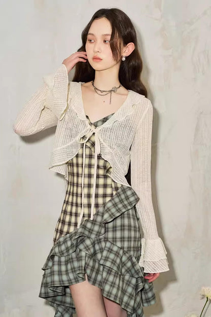 DIDDI MODA Elegant Lace V Neck Summer Sheer Cover Up With Ruffles