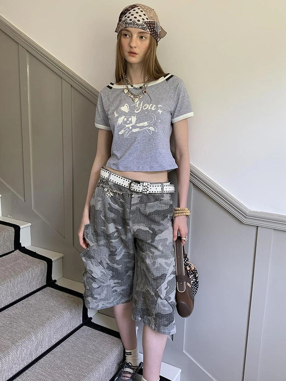Elegant Off Shoulder Puppy Print Tee